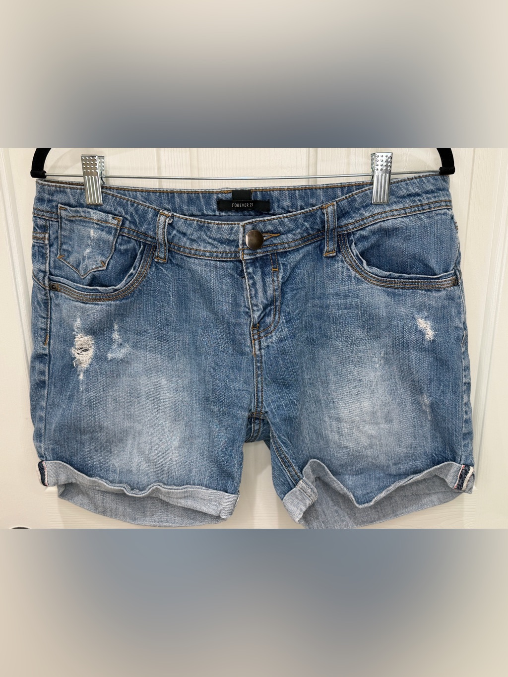 Forever 21 Light Wash Rolled Cuff Distressed Denim Shorts
